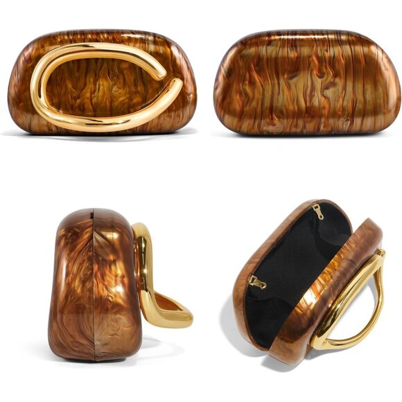 Womens Brown Marble Evening Formal Clutch Trendy Shoulder Metal Strap Handle Bag - Picture 7 of 7